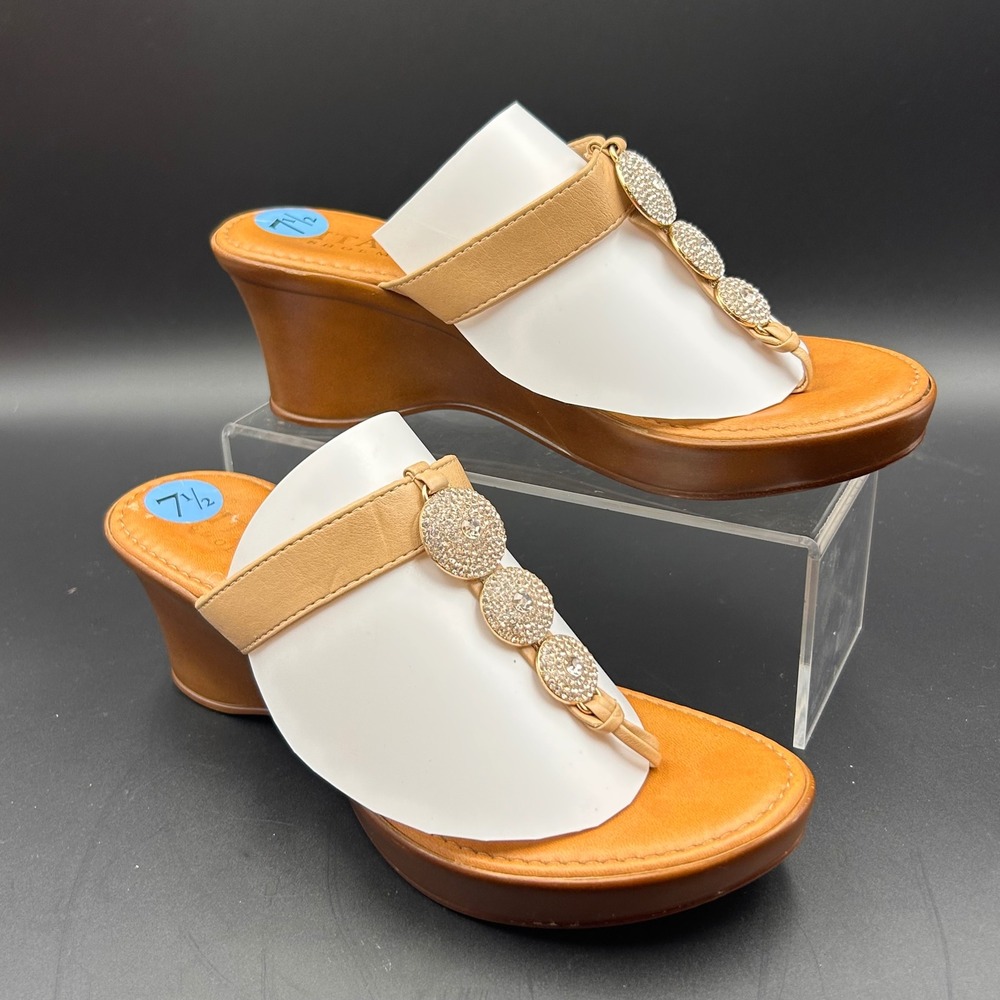 Italian Shoemakers Dazzler Wedge Thong Sandals T Strap 7.5 Tan Crystal Boho Glam